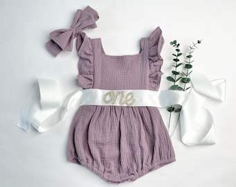 Antique Lavender Natural Cotton Muslin Romper 1st Birthday Girl Outfit, One Birthday Set Girl, Silver Sash Cake Smash Outfit