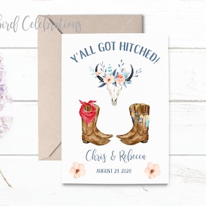 Country Western Wedding Card Carte de vœux Cadeau de mariage rustique personnalisé avec nom et date personnalisé Y’all Got Hitched Cowboy Boots