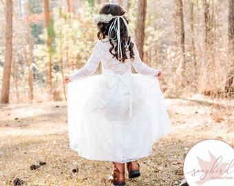 Long Sleeve Lace Flower Girl Dress, Boho Flower Girl Dress, Boho Flower Girl Headband