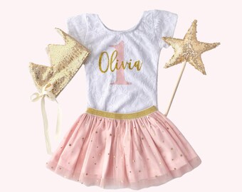 1st Birthday Girl Tutu Outfit with Crown and Star Wand , 1st Birthday Pink and Gold Glitter Custom Lace Bodysuit, Cake Smash Princess Crown