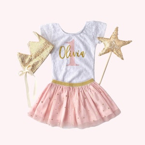 Tenue tutu 1er anniversaire fille avec couronne et baguette étoilée, body dentelle personnalisé paillettes rose et or 1er anniversaire, couronne de princesse Cake Smash