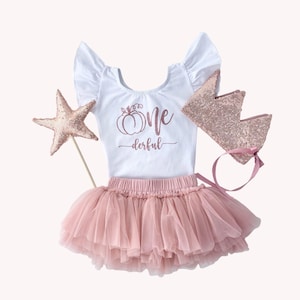 Tutu citrouille One derful pour 1er anniversaire de fille avec couronne et baguette étoilée, couronne de princesse pour gâteau scintillant or rose pour 1er anniversaire
