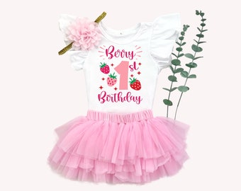 Berry 1st Birthday Strawberry First Birthday Tutu Outfit Girl , 1st Birthday Pink Strawberry One Onesie®, Bodysuit Cake Smash Outfit