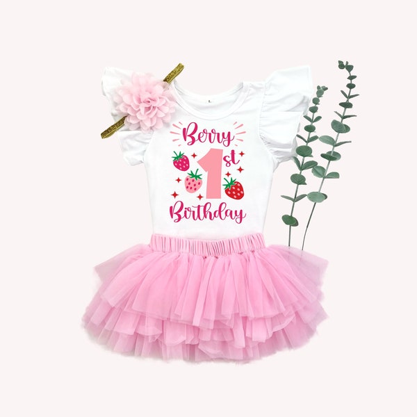 Berry 1st Birthday Strawberry First Birthday Tutu Outfit Girl , 1st Birthday Pink Strawberry One Onesie®, Bodysuit Cake Smash Outfit