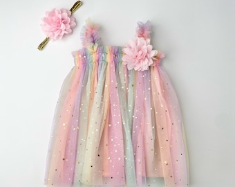 One Pastel Rainbow Tutu Tulle Dress, 1st Birthday Girl Rainbow Gold Star Outfit with Floral Headband, Cake Smash