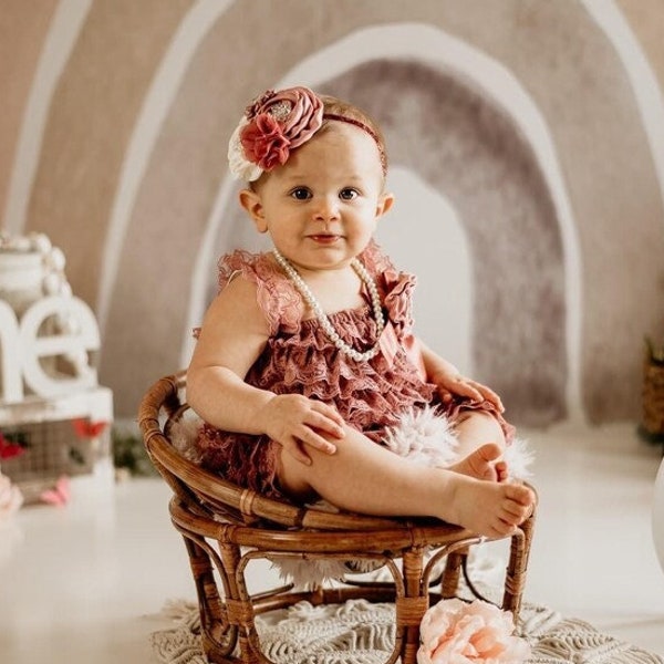 Vintage Rose Mauve Lace Romper 1st Birthday Girl Outfit Headband Flower Girl Cake Smash Easter Baby Girl Vintage Style Heritage Collection
