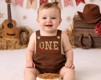 Embroidered ONE First Rodeo Personalized Brown Corduroy Romper, Cowboy Hat 1st Birthday Boy Outfit Cake Smash Outfit