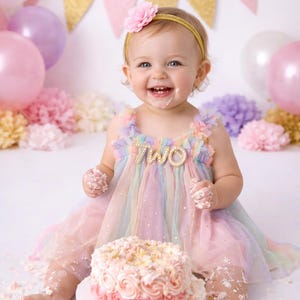 Two Pastel Rainbow Tutu Tulle Dress, 2nd Birthday Girl Rainbow Gold Star Outfit with Floral Headband, Cake Smash image 1