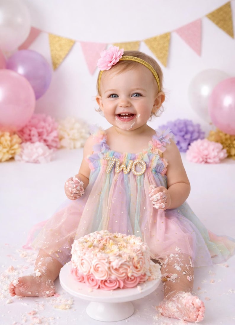 Two Pastel Rainbow Tutu Tulle Dress, 2nd Birthday Girl Rainbow Gold Star Outfit with Floral Headband, Cake Smash image 1