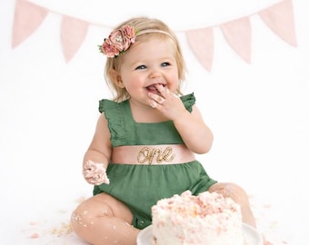 Natural Cotton Linen Romper 1st Birthday Girl Outfit, One Birthday Set Girl, Forrest Green, Moss Green, Cake Smash Outfit