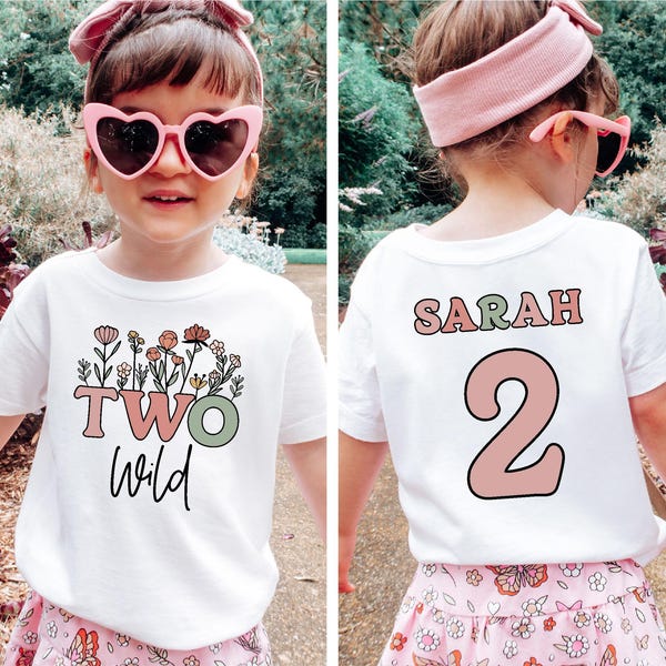 Two Wild Wildflower 2nd Birthday Girl Shirt, Second Birthday Girl Shirt, Custom Shirt with Name and Number, 2 Wild Flowers