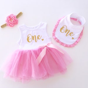 First Birthday Girl Dress, First Birthday Tutu Outfit Girl, Pink and Gold One Tutu Outfit, Cake Smash Outfit Baby Girl, First Birthday Bib image 1