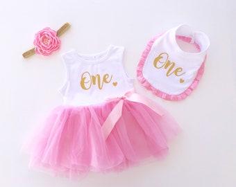 First Birthday Girl Dress, First Birthday Tutu Outfit Girl, Pink and Gold One Tutu Outfit, Cake Smash Outfit Baby Girl, First Birthday Bib