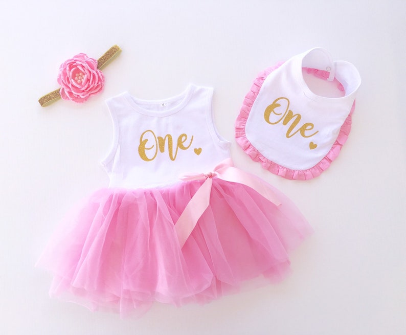 First Birthday Girl Dress, First Birthday Tutu Outfit Girl, Pink and Gold One Tutu Outfit, Cake Smash Outfit Baby Girl, First Birthday Bib image 1