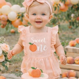 Embroidered Sweet ONE Peach Natural Cotton Muslin Romper 1st Birthday Girl Outfit, Baby Girl Cake Smash Outfit, Summer Fruit