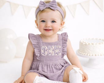 ONE Wildflower Romper Natural Cotton Muslin Romper 1st Birthday Girl Outfit, Boho Floral First, Cake Smash Outfit, Antique Lavender, Pastels
