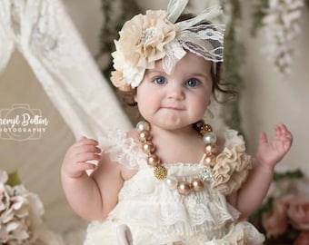 Ivory Lace Romper 1st Birthday Girl Outfit Baby Headband Flower Girl Cake Smash Easter Outfit Baby Girl Vintage Style Heritage Collection