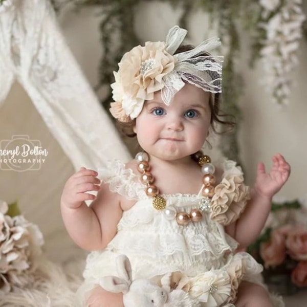 Ivory Lace Romper 1st Birthday Girl Outfit Baby Headband Flower Girl Cake Smash Easter Outfit Baby Girl Vintage Style Heritage Collection