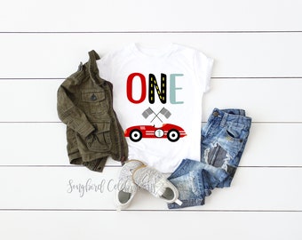 RACE CAR 1st Birthday Boy Shirt, First Birthday Boys Baseball Raglan, Birthday Onesie® Racing Party, Personalized with Name and Number