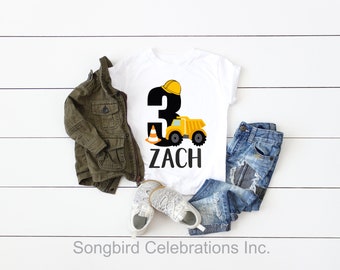 3rd Birthday Boy Construction Shirt Third Birthday Boy Shirt Three Word 3 Dump Truck Shirt Baseball Style Raglan Personalized with Name