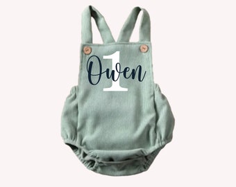 Personalized Green Corduroy Romper 1st Birthday Boy or Girl Outfit, Green Brown Grey Retro One Birthday Set Girl Boy, Cake Smash Outfit