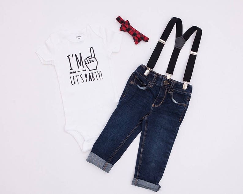 I'm 1 Let's Party Buffalo Plaid Bow Tie Suspenders 1st First Birthday Outfit Boy Lumberjack Party Red Black White Onesie® Cake Smash Boy image 4