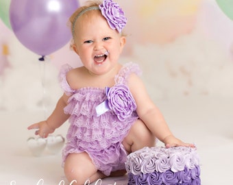 Lavender Lace Romper 1st Birthday Girl Outfit Headband Flower Girl Cake Smash Layered Ruffles Purple Mermaid Party Easter Outfit Baby Girl