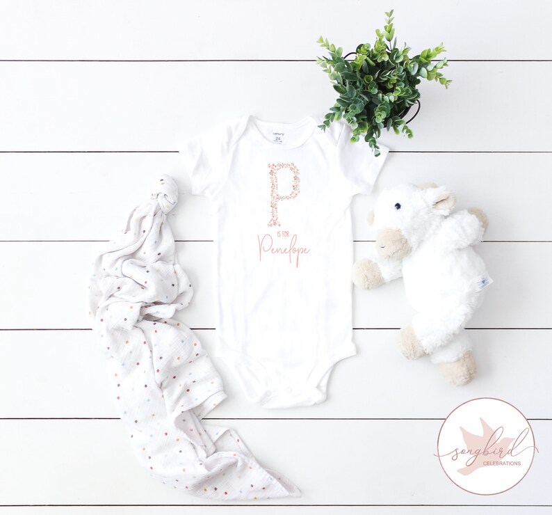 Personalized Floral Letter Name Baby Girl Onesie® Coral and Etsy