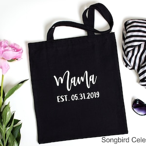 Mama Est Date Tote Bag Canvas Shopping Bag Mama Bear Gift for New Mom Baby Shower Gift Black Gold Foil Rose Gold