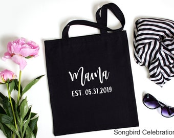 Mama Est Date Tote Bag Canvas Shopping Bag Mama Bear Regalo para nueva mamá Baby Shower Gift Black Gold Foil Rose Gold