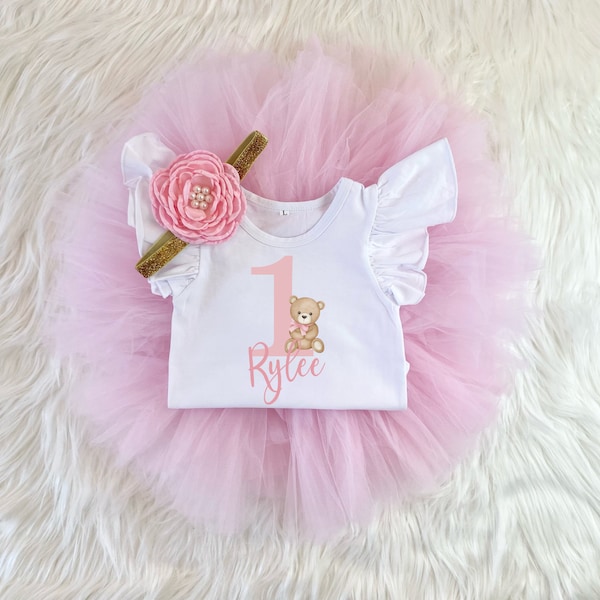 Teddy Bear 1st Birthday Tutu Outfit Girl , 1st Birthday Pink Teddy Bear Onesie®, Baby Girl Leotard, Cake Smash Bodysuit Outfit for Baby Girl