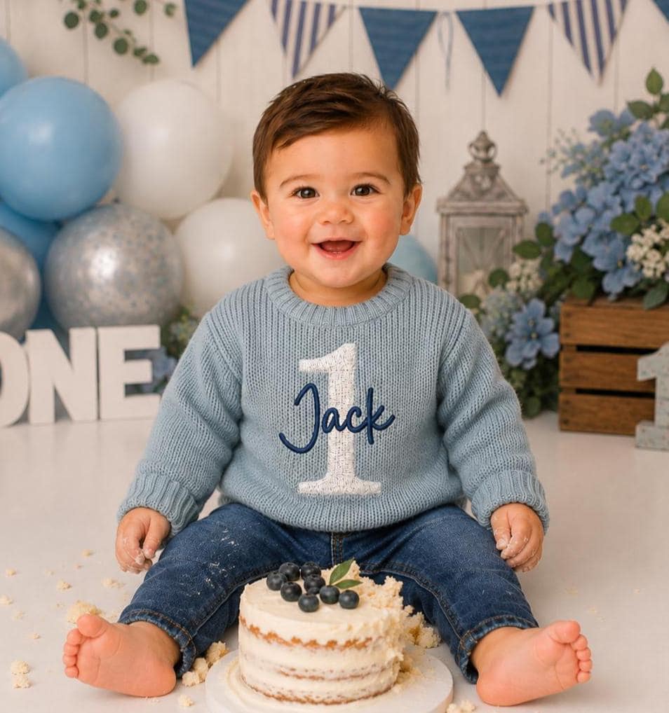 Embroidered Personalized 1st Birthday Blue Chunky Knit Baby Sweater, First Birthday Boy One Outfit, Cake Smash Shirt