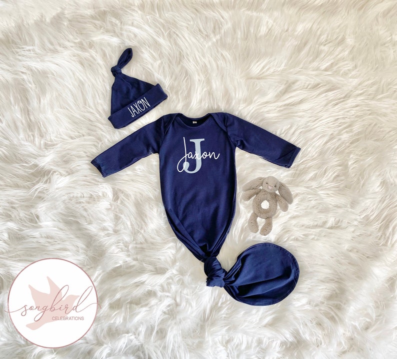 Personalized Knotted Baby Gown With Name, Navy Blue Gown Boy Baby Shower Gift, Coming Home Outfit Hospital Outfit, Newborn Gift for New Mom image 1