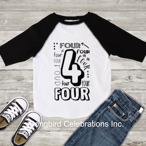 FOURTH Birthday Boy Shirt 4th Birthday Boy Shirt Four Word 4 Shirt Baseball Raglan Jersey Style Personalized Name and Number on Back Forth