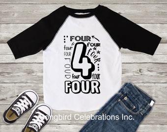 FOURTH Birthday Boy Shirt 4th Birthday Boy Shirt Four Word 4 Shirt Baseball Raglan Jersey Style Personalized Name and Number on Back Forth