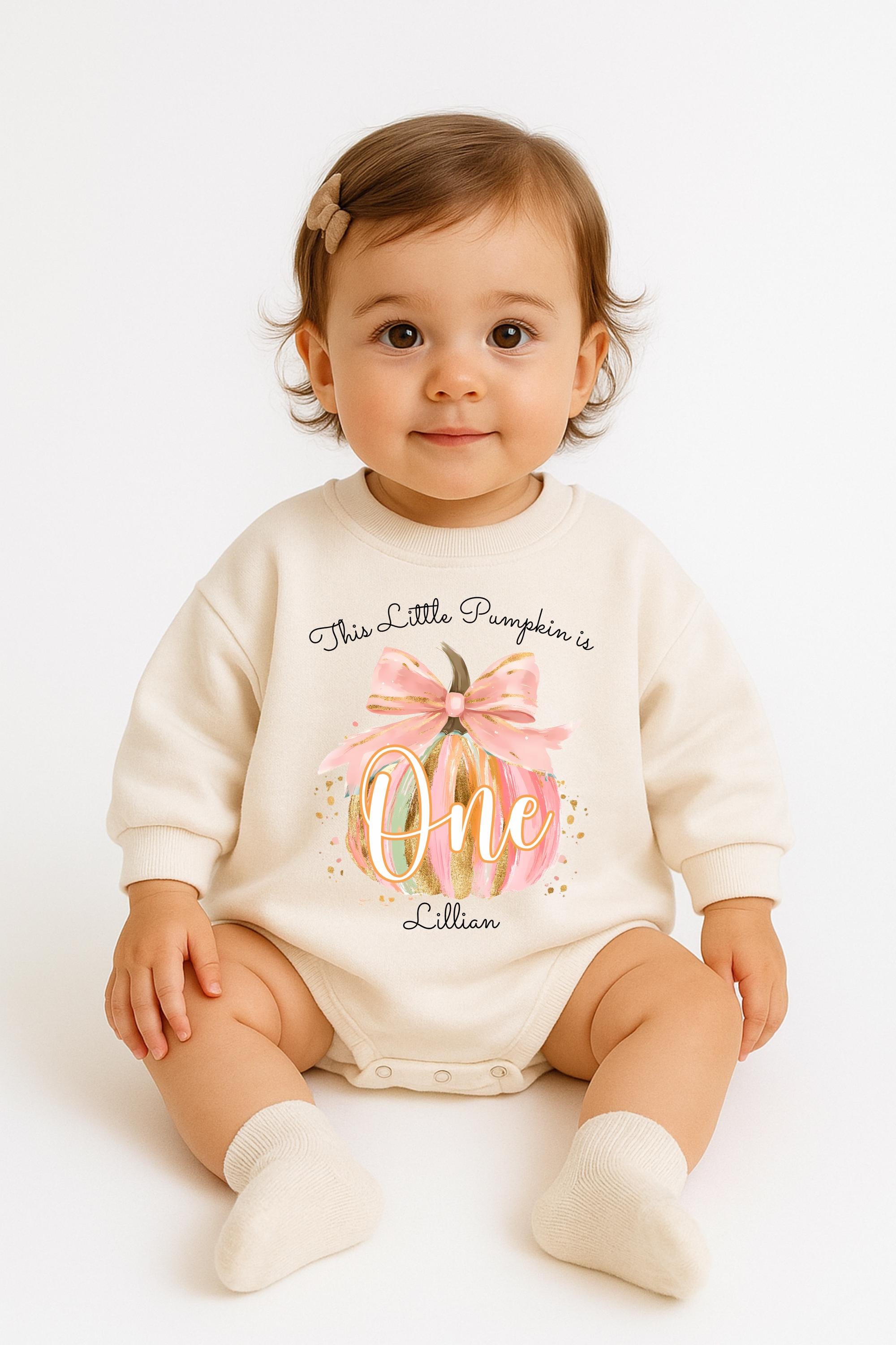 This Little Pumpkin is One Sweatshirt Romper Natural Cotton - 1st Birthday Girl Outfit - Boho Floral First - Cake Smash Outfit - Tan Beige