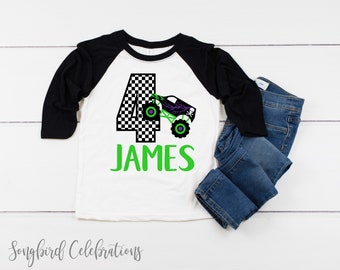 MONSTER TRUCK 4th Birthday Boy Shirt, Fourth Birthday Boys Baseball Raglan, Truck Four Birthday Party, Personalized with Name and Number