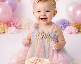One Pastel Rainbow Tutu Tulle Dress, 1st Birthday Girl Rainbow Gold Star Outfit with Floral Headband, Cake Smash