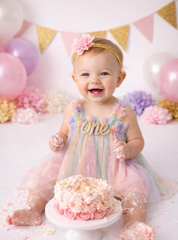 One Pastel Rainbow Tutu Tulle Dress, 1st Birthday Girl Rainbow Gold Star Outfit with Floral Headband, Cake Smash