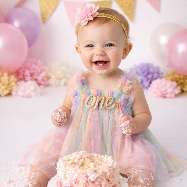 Un vestido tutú de tul con arcoíris pastel, conjunto de estrella dorada arcoíris para niña de 1er cumpleaños con diadema floral, sesión de fotos de pastel.