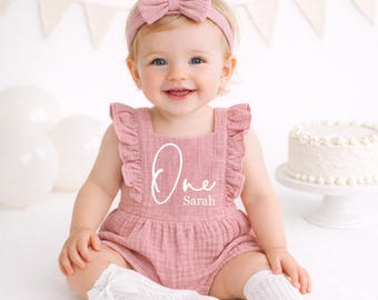 Embroidered Personalized Natural Cotton Muslin Romper 1st Birthday Girl Outfit, One Birthday Set Girl, Cake Smash Outfit