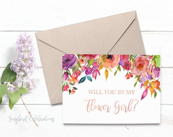 Will You Be My Flower Girl Maid of Honor Bridesmaid  Matron of Honor  Greeting Card Proposal Gift Card Watercolor Floral Rose Gold Font