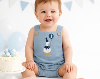 ONE Silly Goose Embroidered Personalized Blue Corduroy Romper 1st Birthday Boy Outfit Cake Smash Outfit