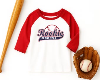 Rookie of the Year First Birthday Boy Baseball Shirt, 1st Birthday Boy Shirt, Red Navy Blue Baseball Raglan Personalized Name Number