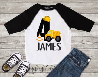 4th Birthday Boy Construction Shirt Fourth Birthday Boy Shirt Four Word 4 Dump Truck Shirt Baseball Style Raglan Personalized with Name
