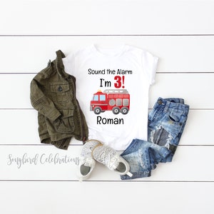 FIRE TRUCK 3rd Birthday Boy Shirt, Third Birthday Boys Baseball Raglan, Birthday Onesie® Firetruck Party, Personalized with Name and Number image 3