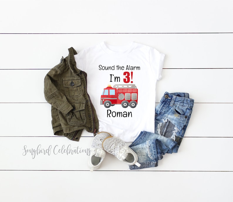 FIRE TRUCK 3rd Birthday Boy Shirt, Third Birthday Boys Baseball Raglan, Birthday Onesie® Firetruck Party, Personalized with Name and Number image 3