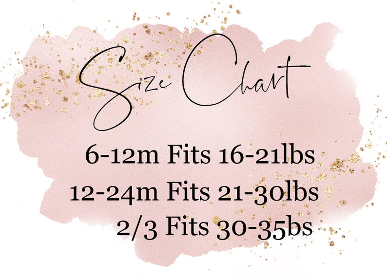 May include: Size chart for baby clothes with a pink watercolor background. The chart shows sizes in months and corresponding weight ranges in pounds. 6-12m fits 16-21lbs, 12-24m fits 21-30lbs, 2/3 fits 30-35lbs.