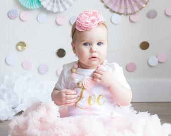 First Birthday Outfit Baby Girl Light Pink & Gold Silver Girl One Tutu Pettiskirt Outfit Cake Smash Shirt Onesie® Bodysuit Headband Necklace