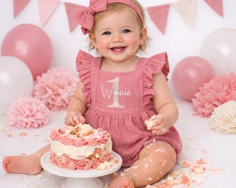 Embroidered Personalized 1st Birthday Girl Romper | Natural Cotton Muslin Romper | First Birthday Girl Cake Smash Outfit | Custom Name Set